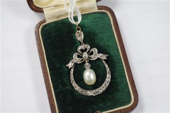 A Victorian gold and silver, cultured? pearl and diamond set drop openwork pendant, in fitted box, 40mm.